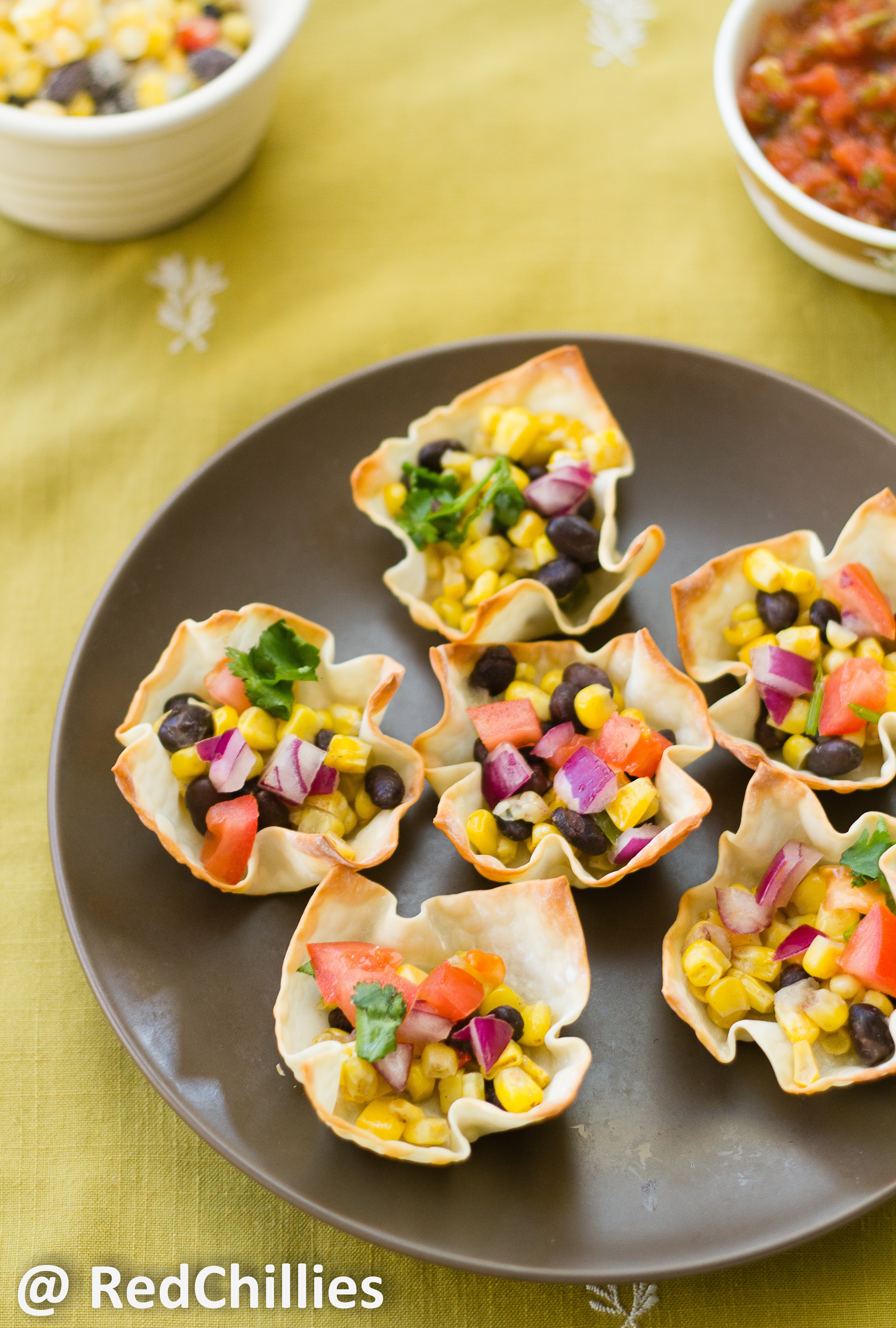 Black beans and Corn in baked wonton cups
